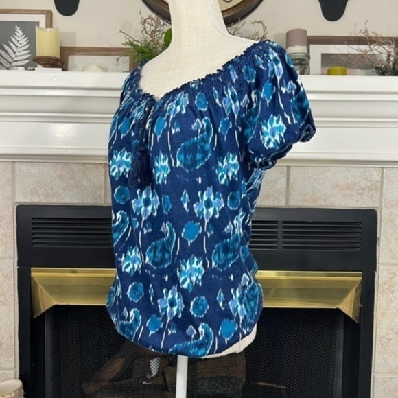 Lucky Brand Blue Top with Elastic Neckline and Tassel Ties - Picture 4 of 11